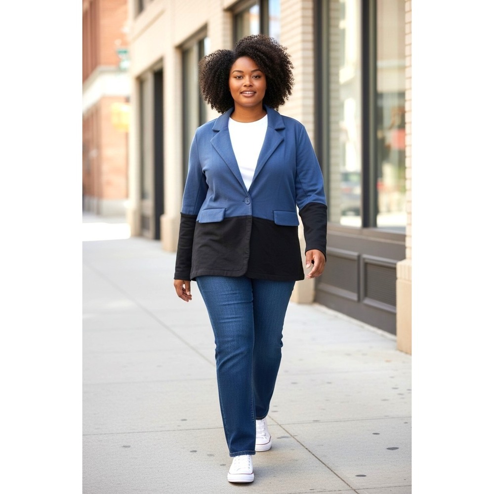 (K-287)Susan Graver Colorblock Knit Blazer Jacket Blue Black Size Plus QVC New‎